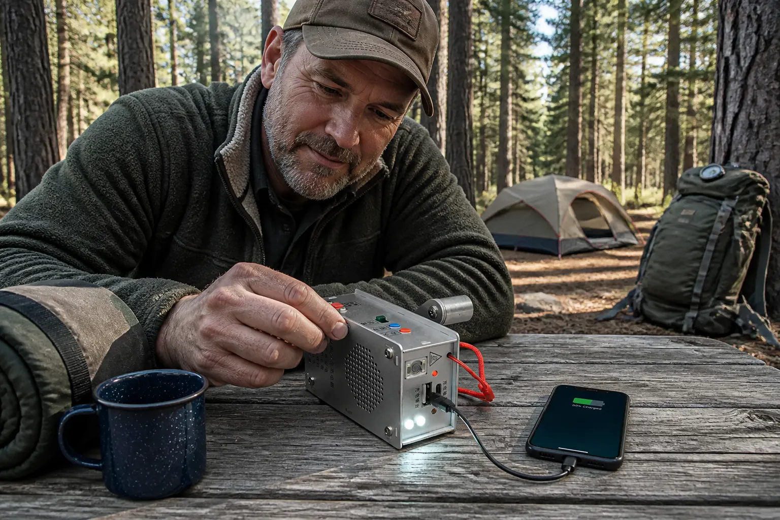 A phone plugged into the device charging