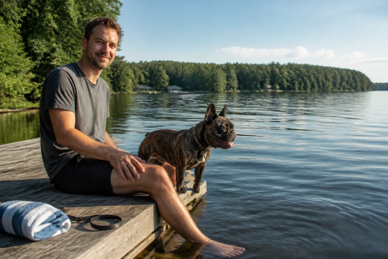 A happy dog at the lake wearing the Ventra life jacket, ready for water day