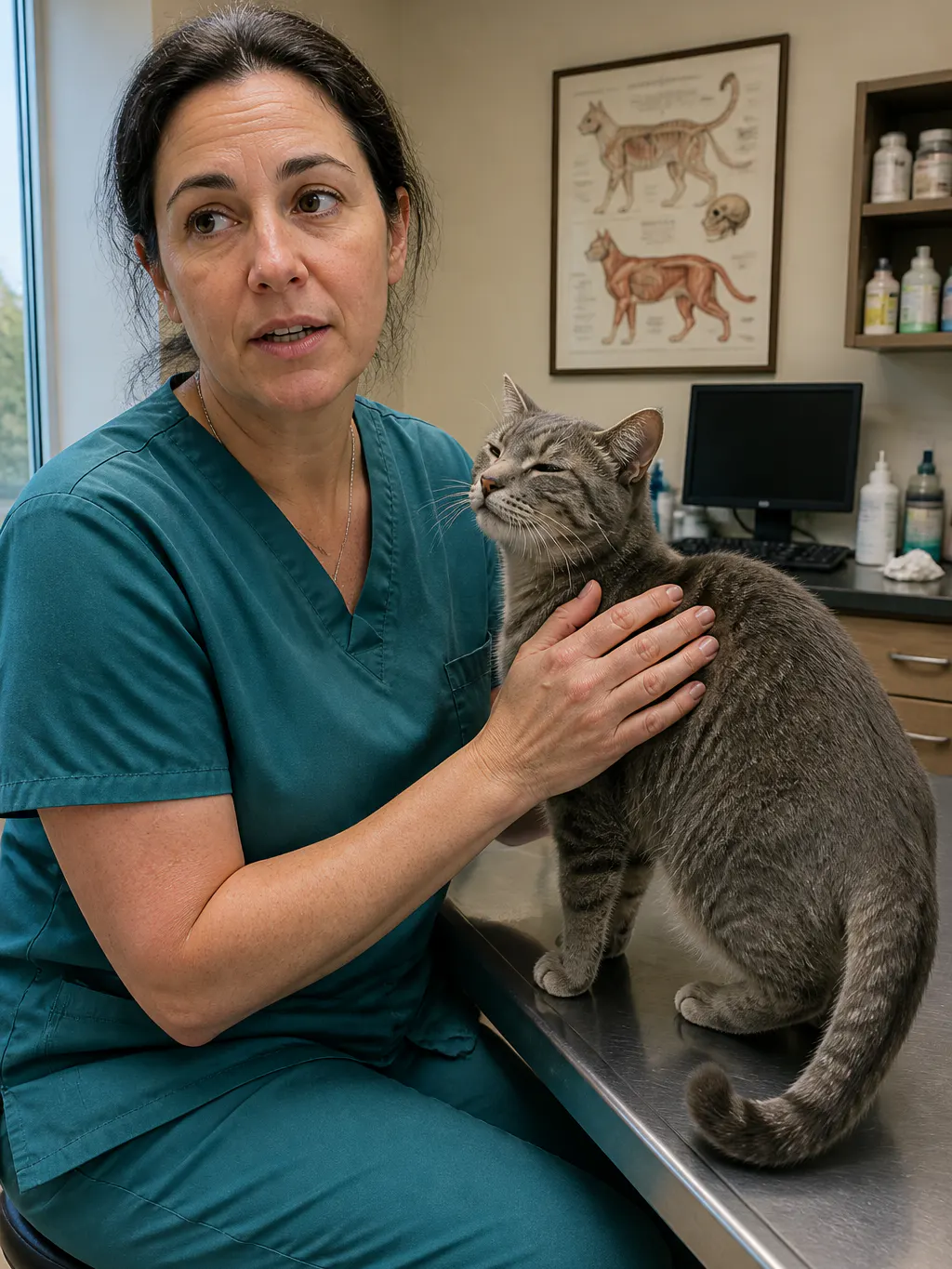 Veterinarian holding a cat in a clinic beside the solid wood nail filing box