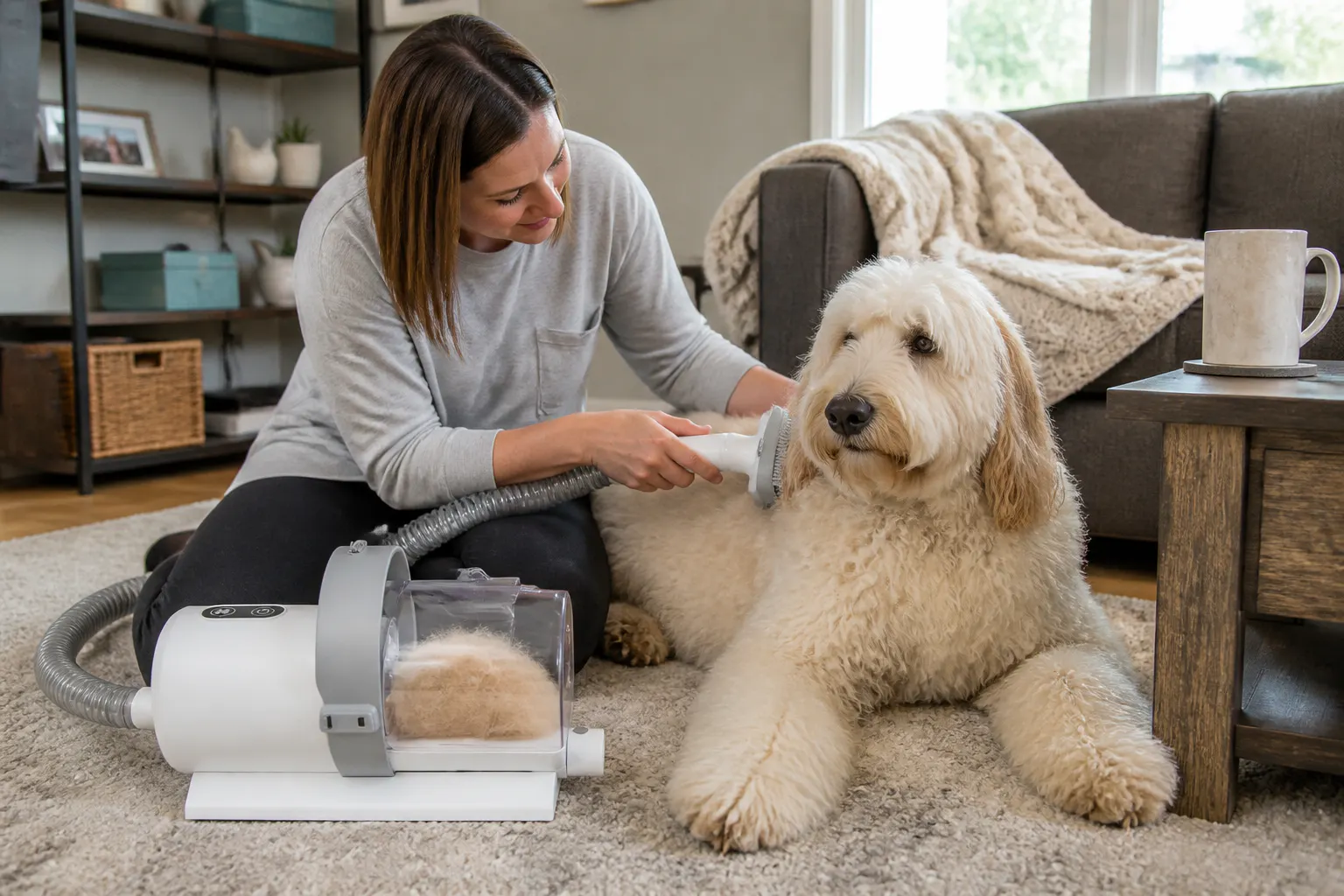 Grooming a fluffy double-coated dog while fur streams into the clear collection cup