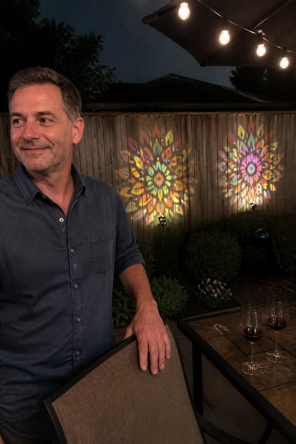 The same fence glowing with the colored mandala projection