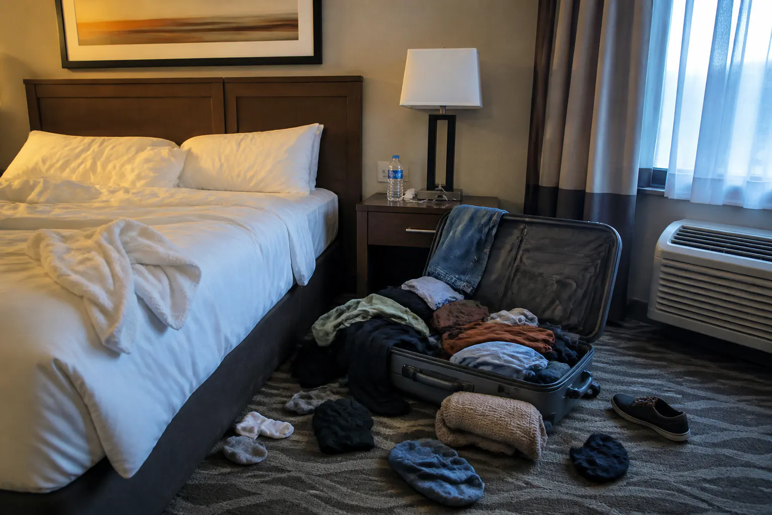 A suitcase exploded open across a hotel room floor by day two of a trip