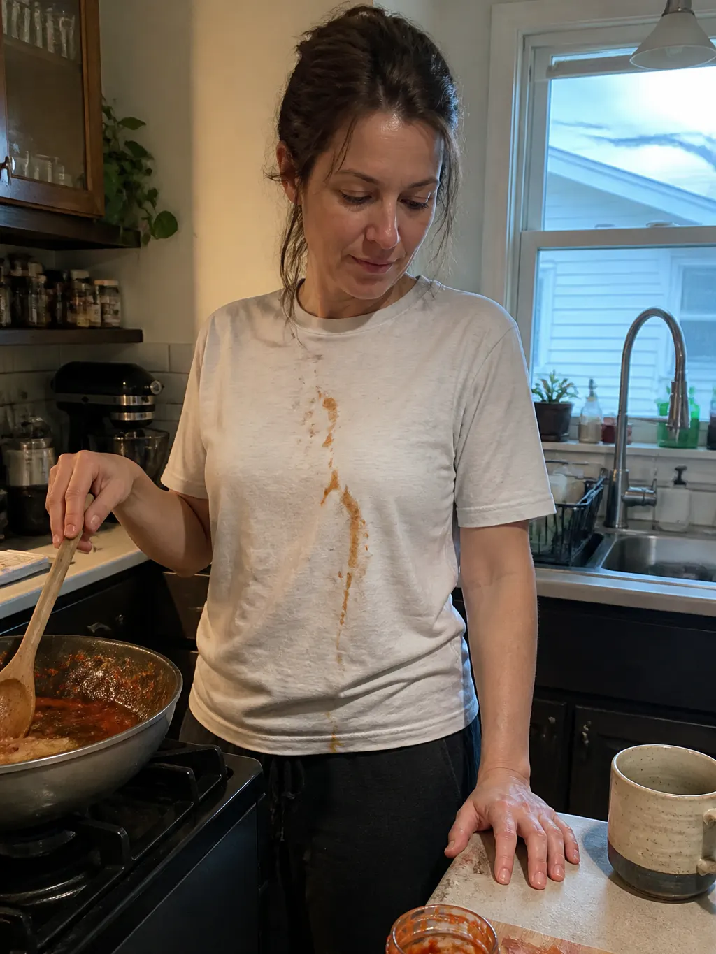 Grease-splattered shirt sleeve at a kitchen counter mid-cook