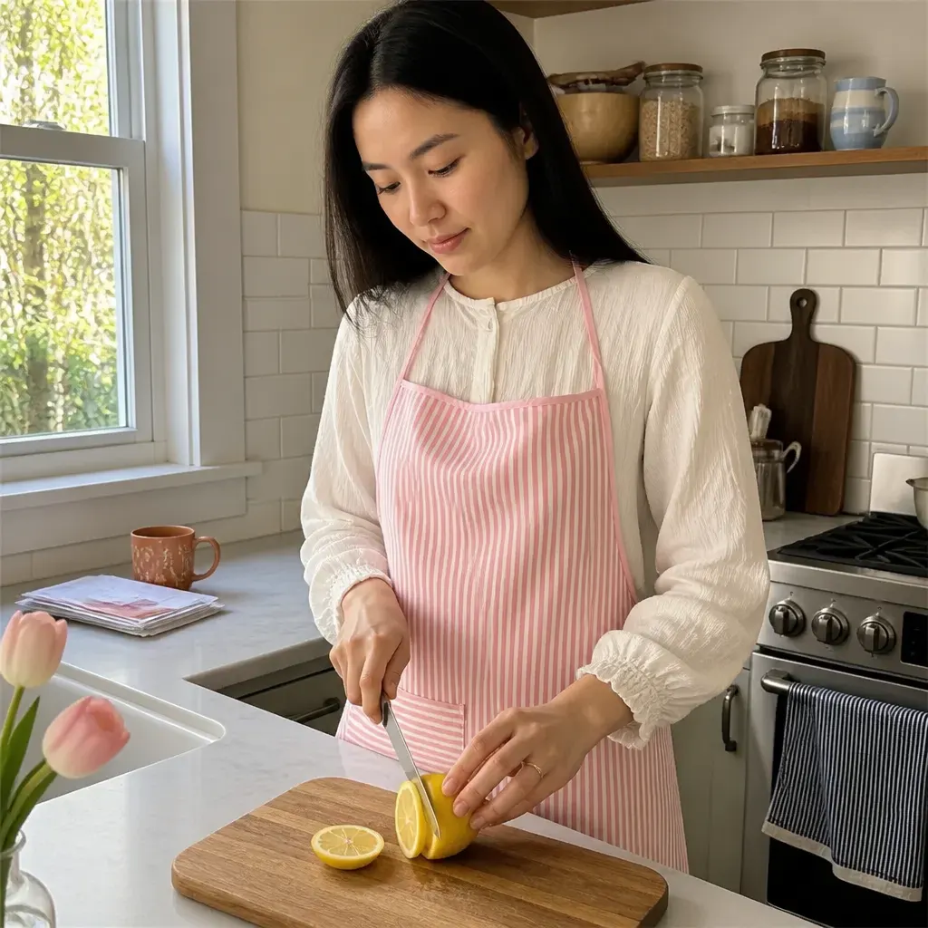 Pink striped apron worn in a small daylit kitchen