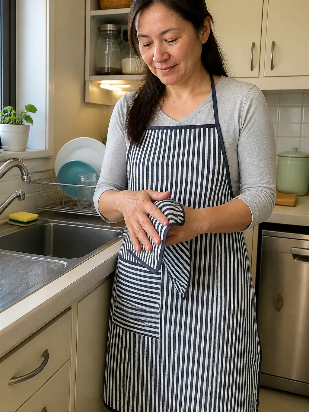 Navy blue striped apron worn in a daylit kitchen