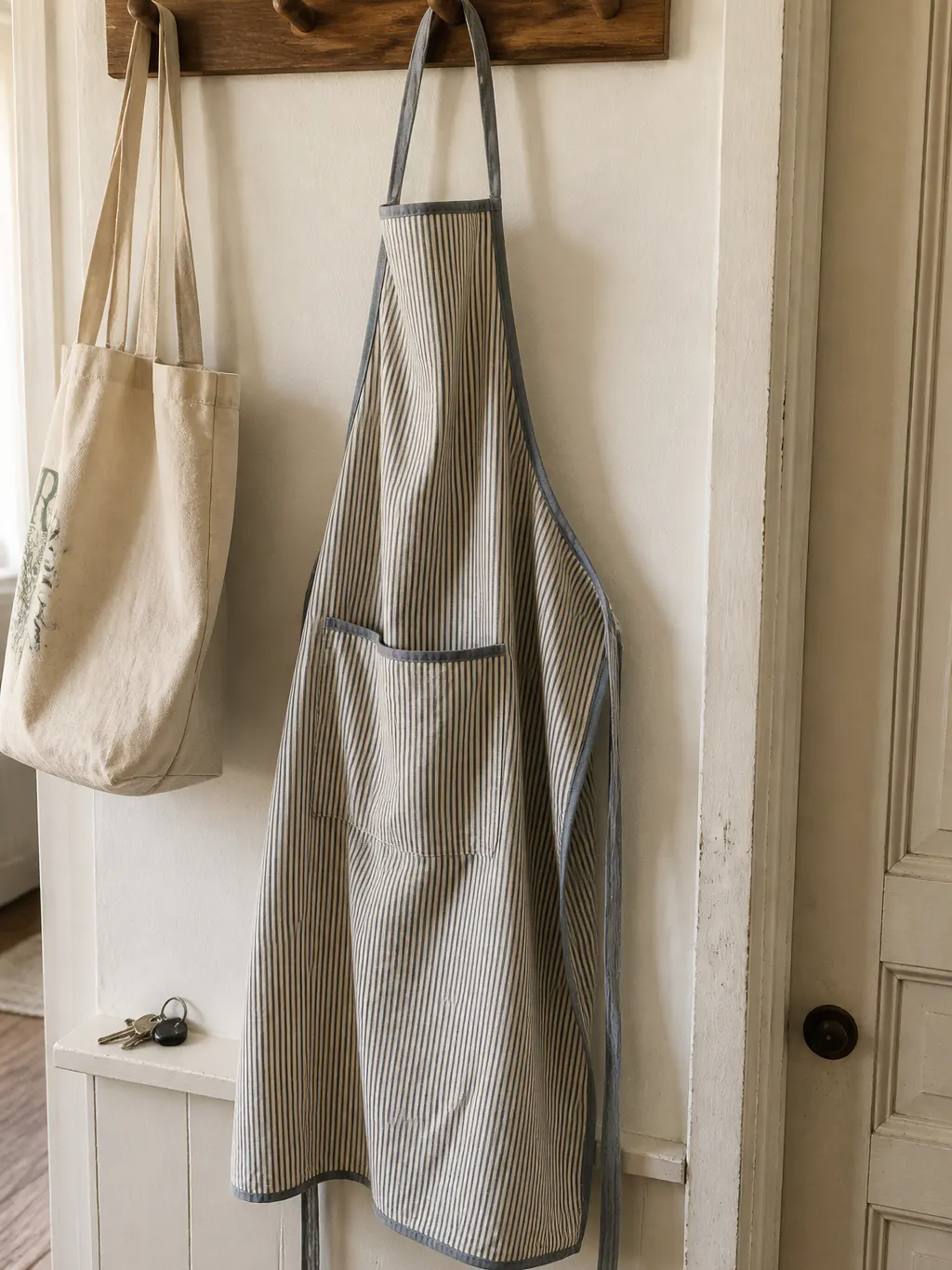 Apron hanging on a hook beside a stove