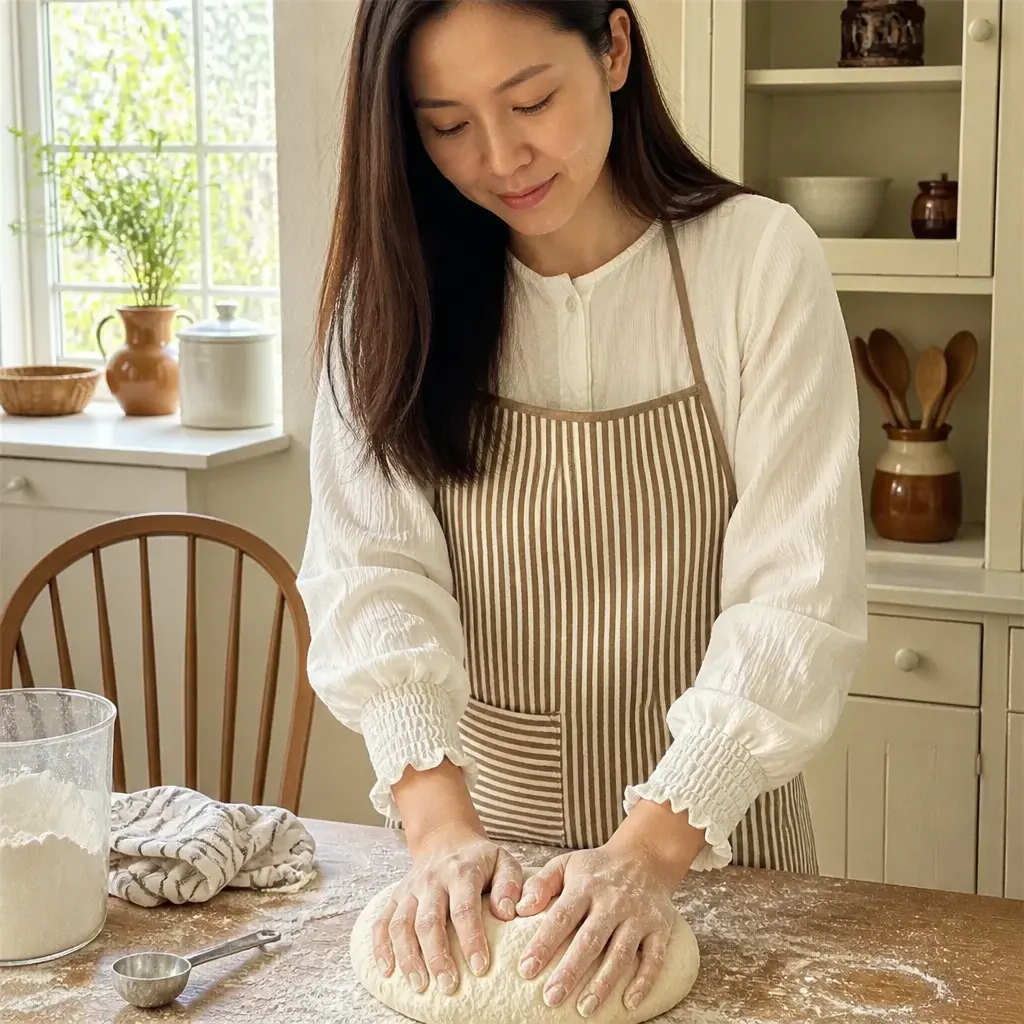 Baking with flour dusted across the apron panel