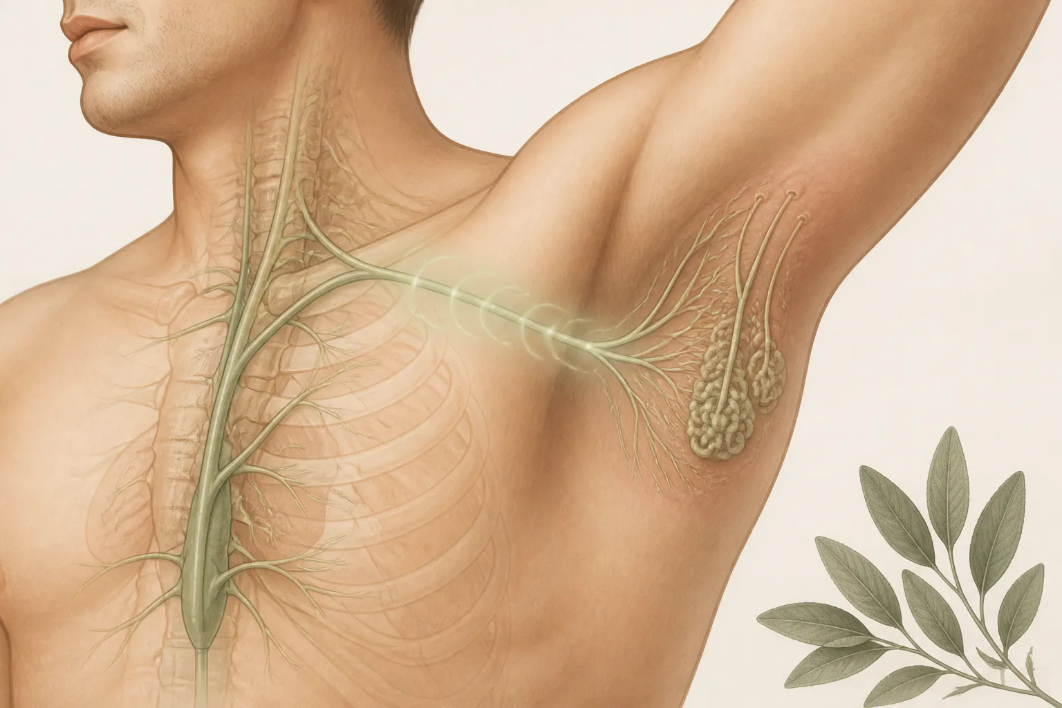 Illustration of nerve signals calming to sweat glands