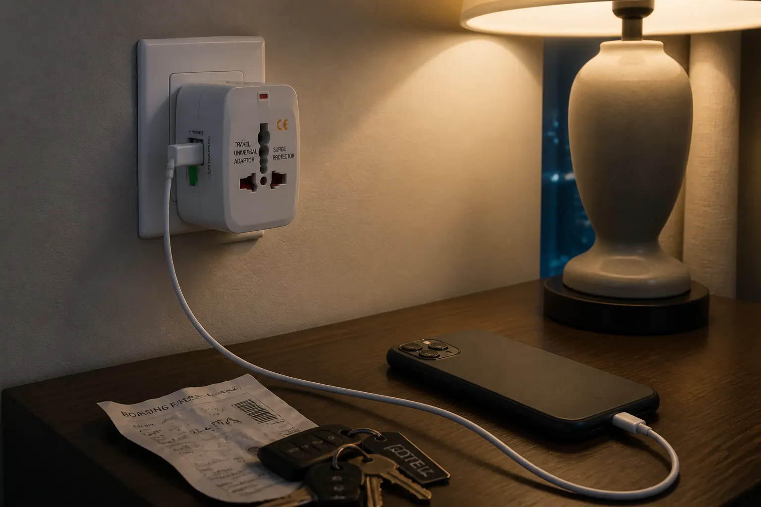 Ventra adapter locked into a hotel outlet, everything charging cleanly