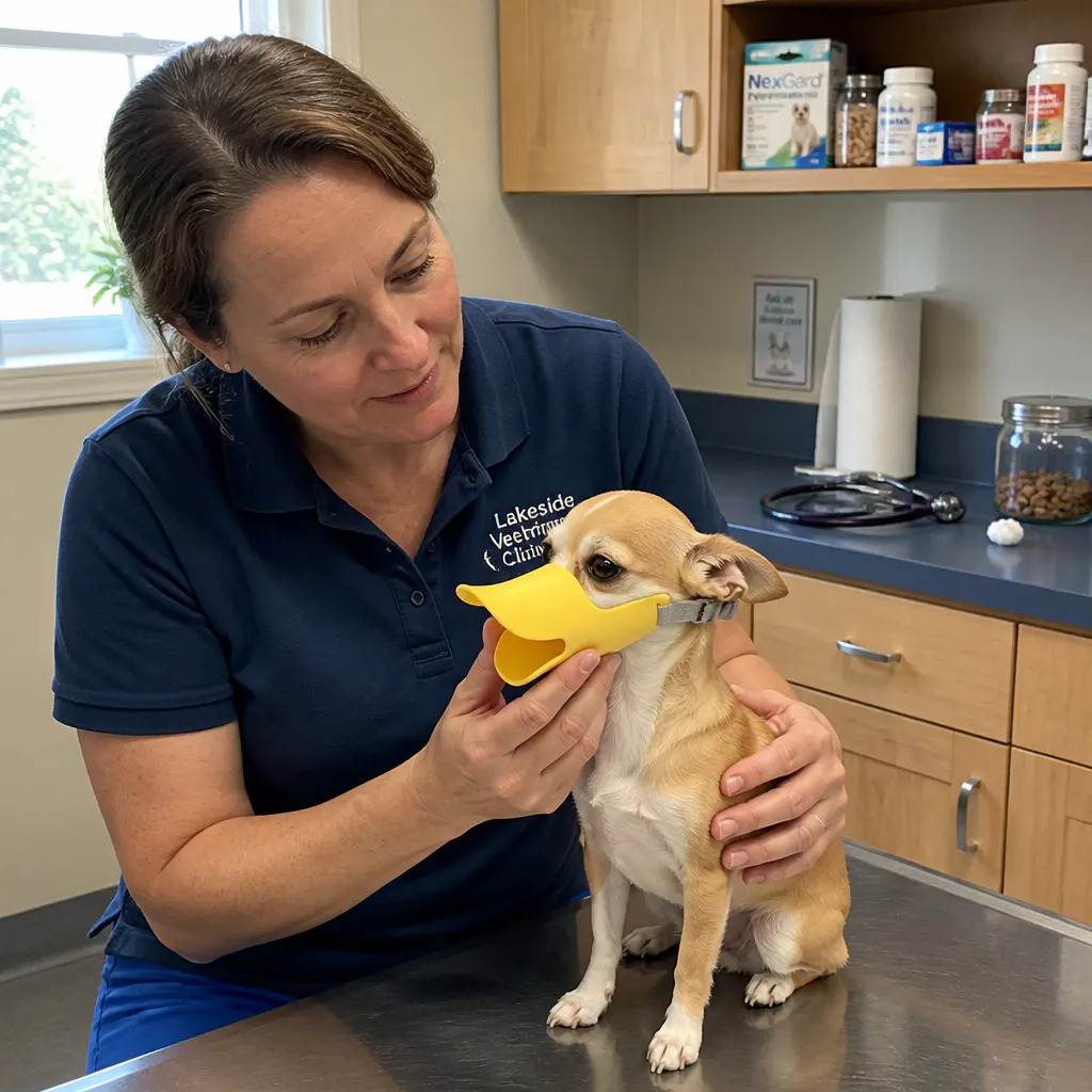 Veterinarian holding a small dog with the HushMuzzle duck-bill
