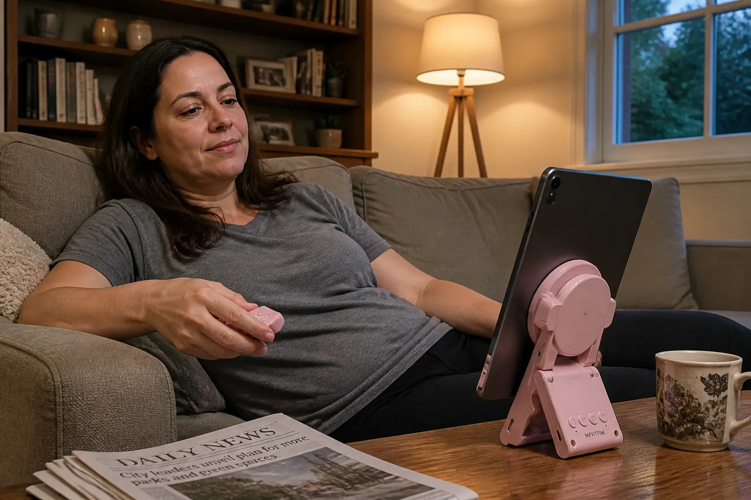 Reader in bed turning e-reader pages hands-free