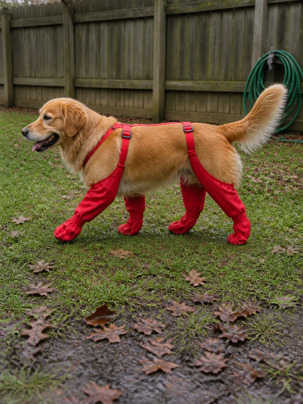 Close view of the suspender harness buckled over a dog's back with four strap lines running down to the leg sleeves
