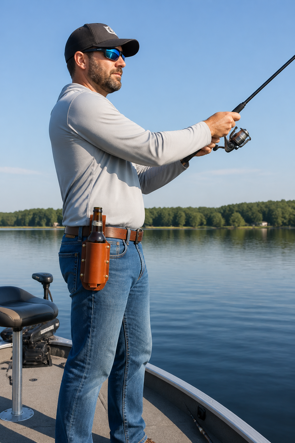 Man mowing the lawn with bottle holster on his belt