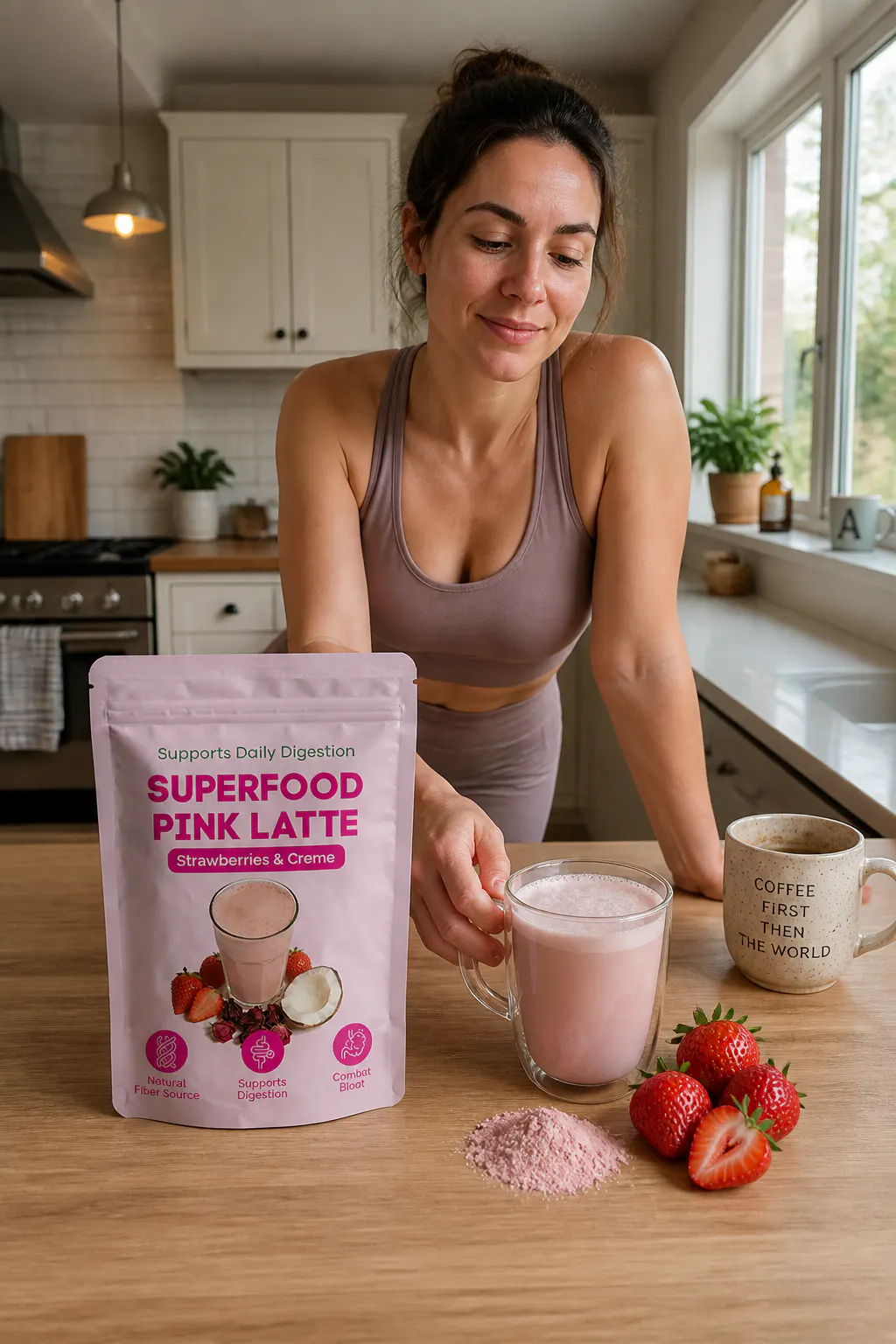 Creamy rose-pink strawberry latte in a glass