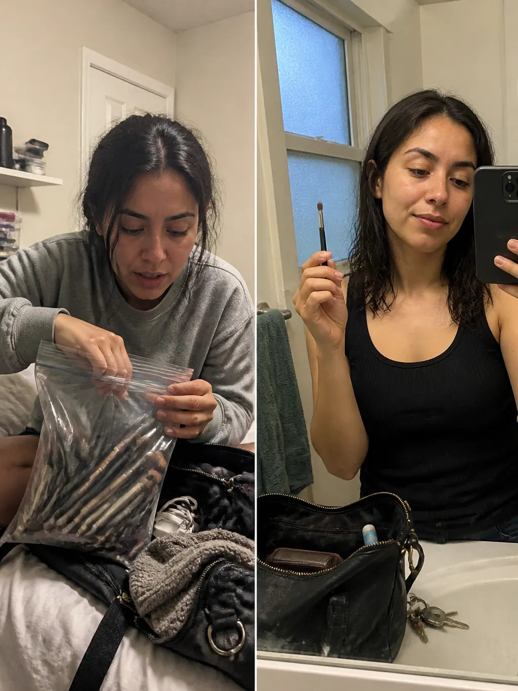 Four loose makeup brushes in a ziplock bag at the bottom of a purse