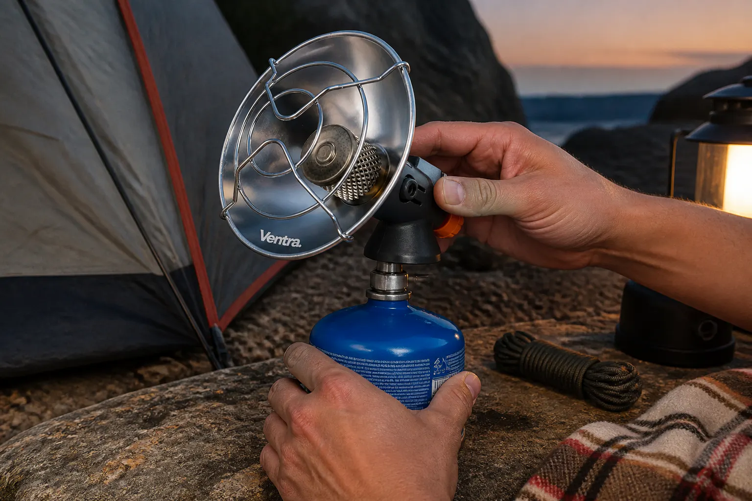 Ventra heater being screwed onto an upright camping gas canister