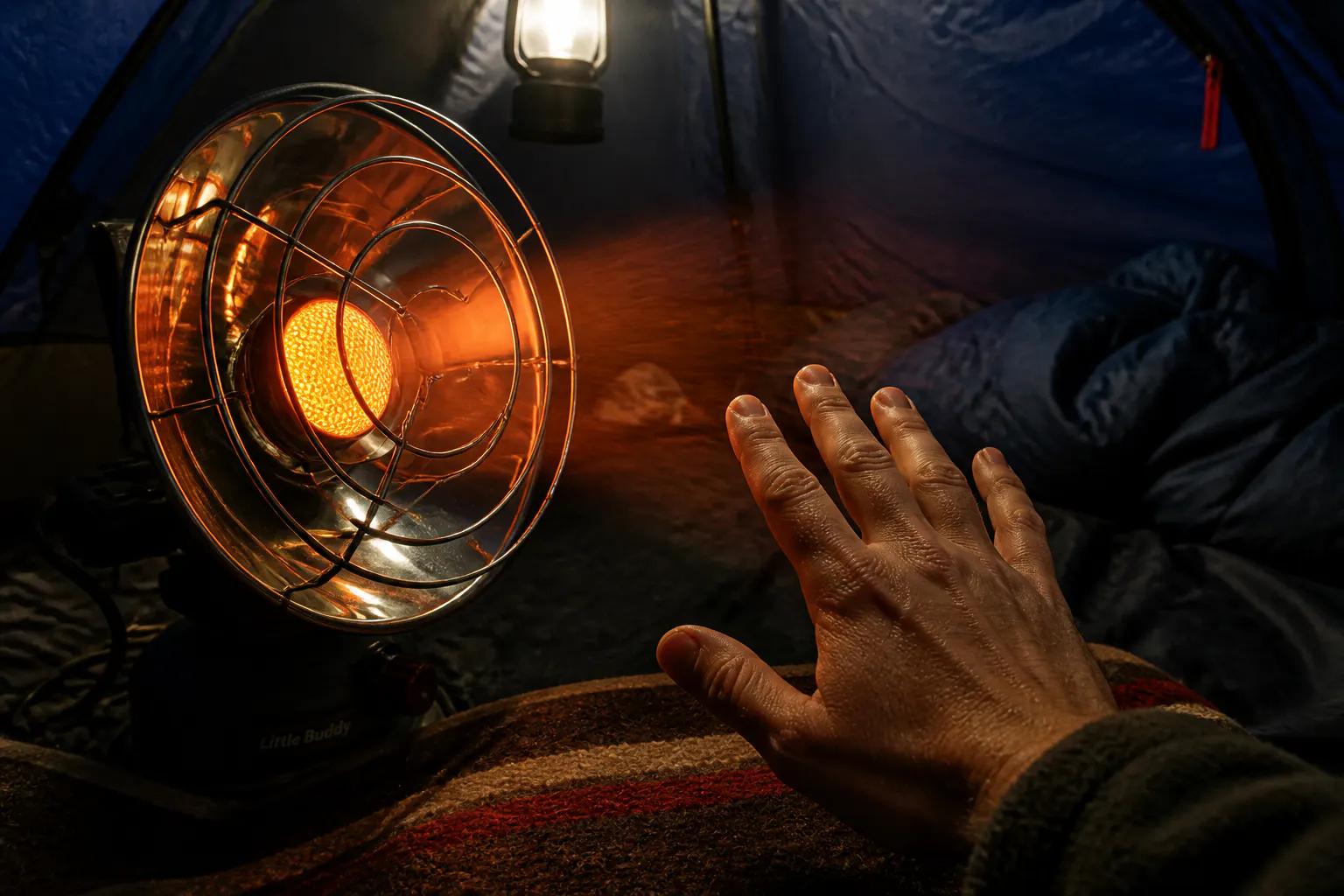 Person sitting in the radiant cone of the heater, warmth on their legs and hands
