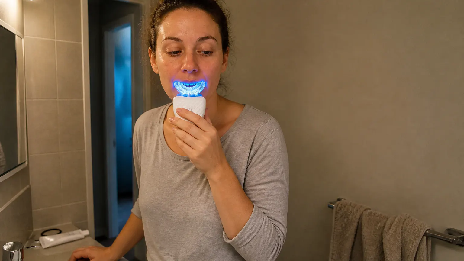 Bite-down cycle running at the bathroom mirror