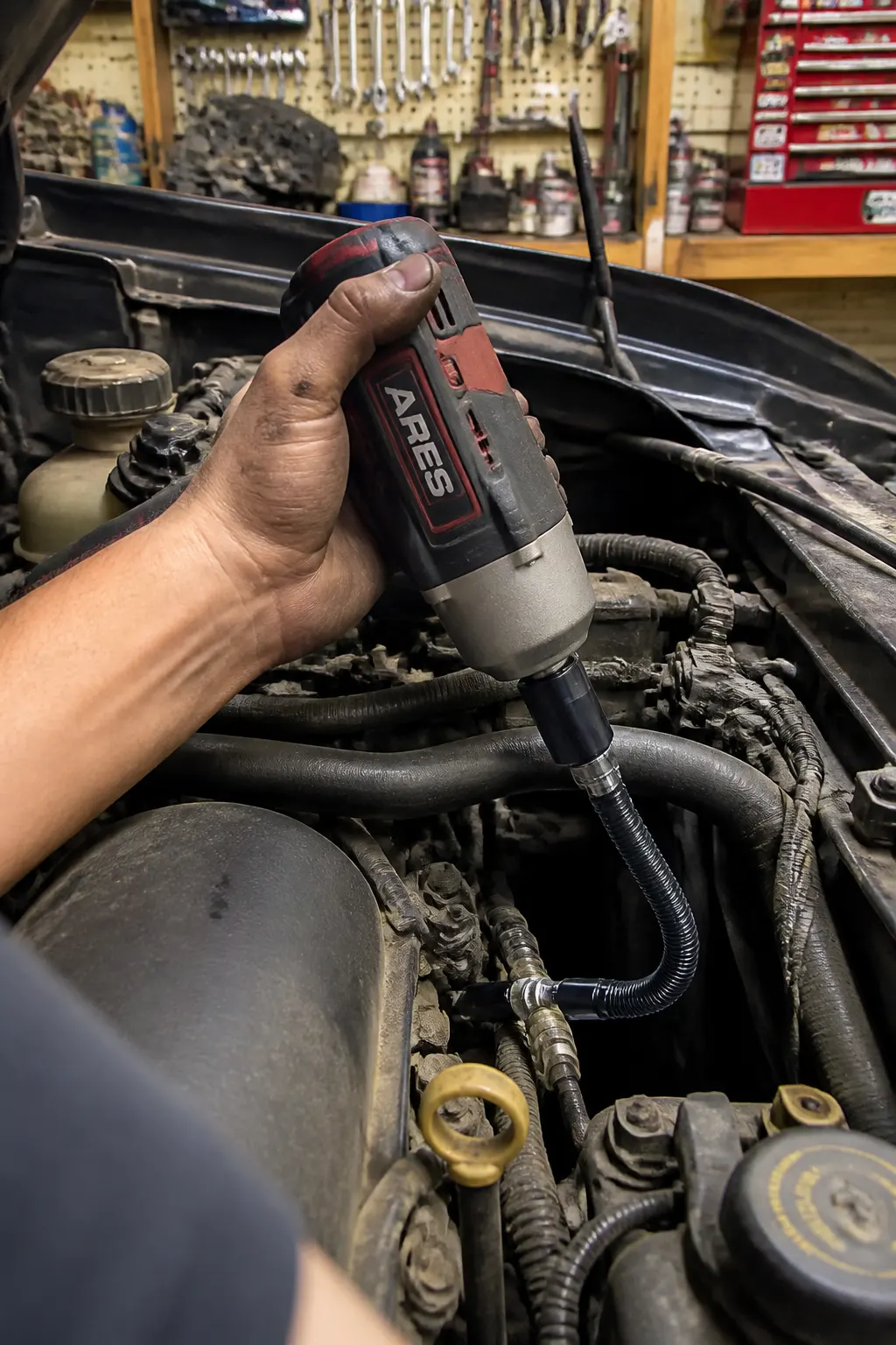 Mechanic in a garage using the flexible extension bar