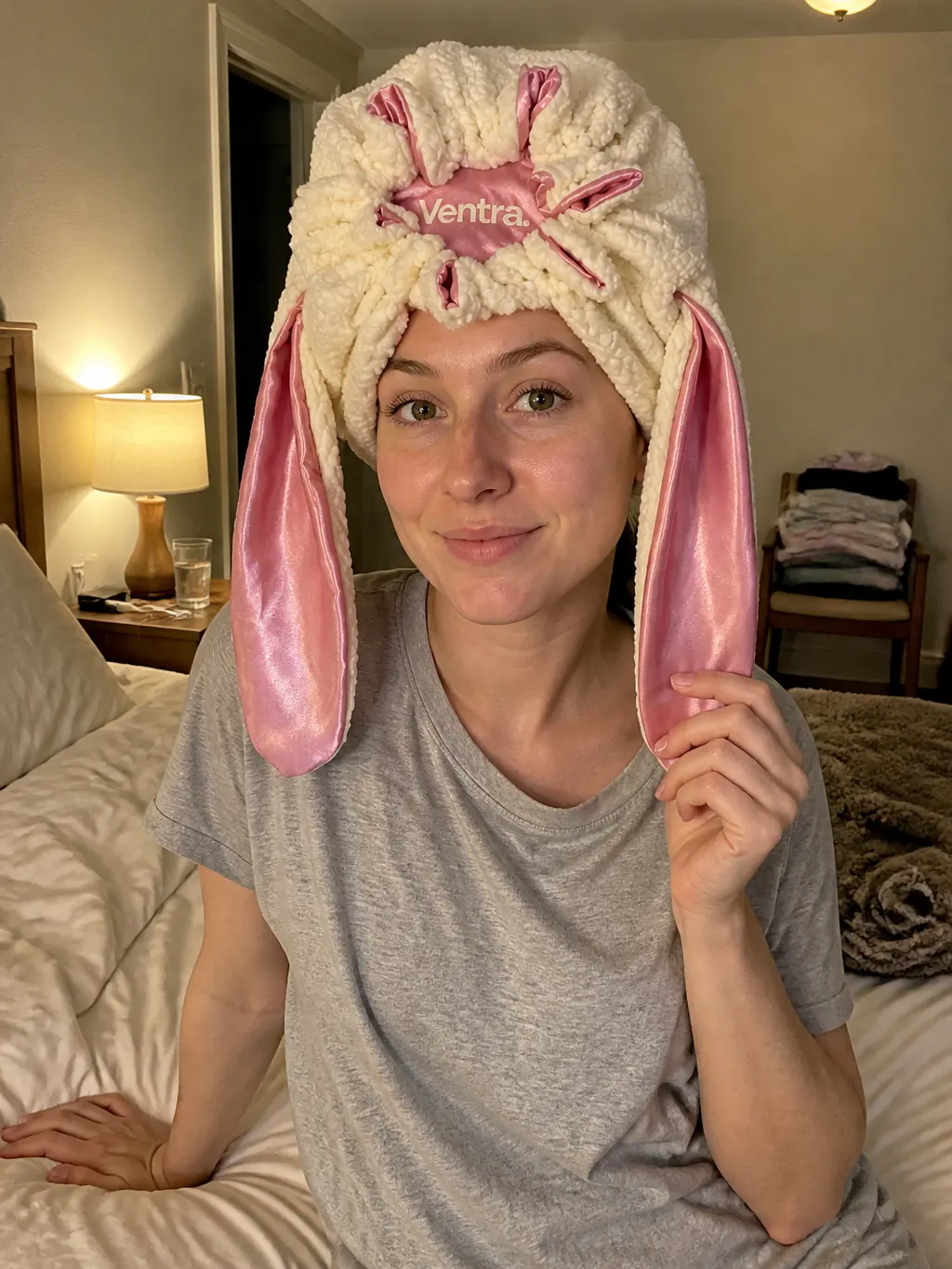 Woman wearing the handmade sherpa bunny bonnet in bed at night