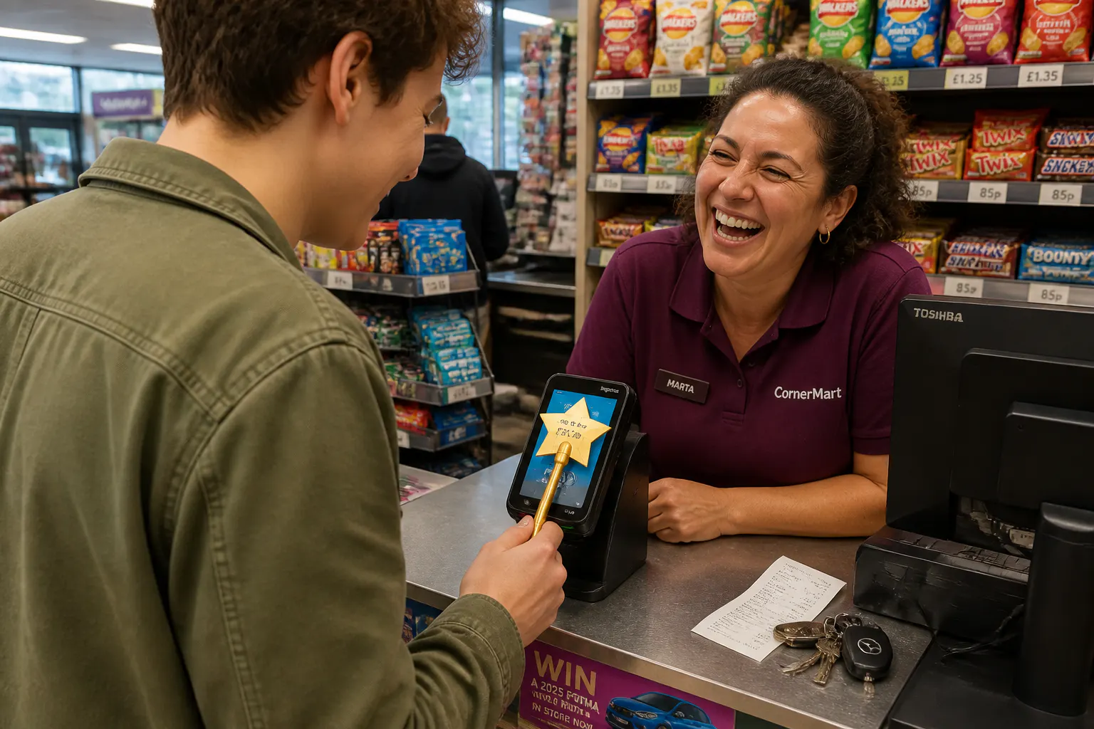 A wand being waved at checkout, everyone smiling