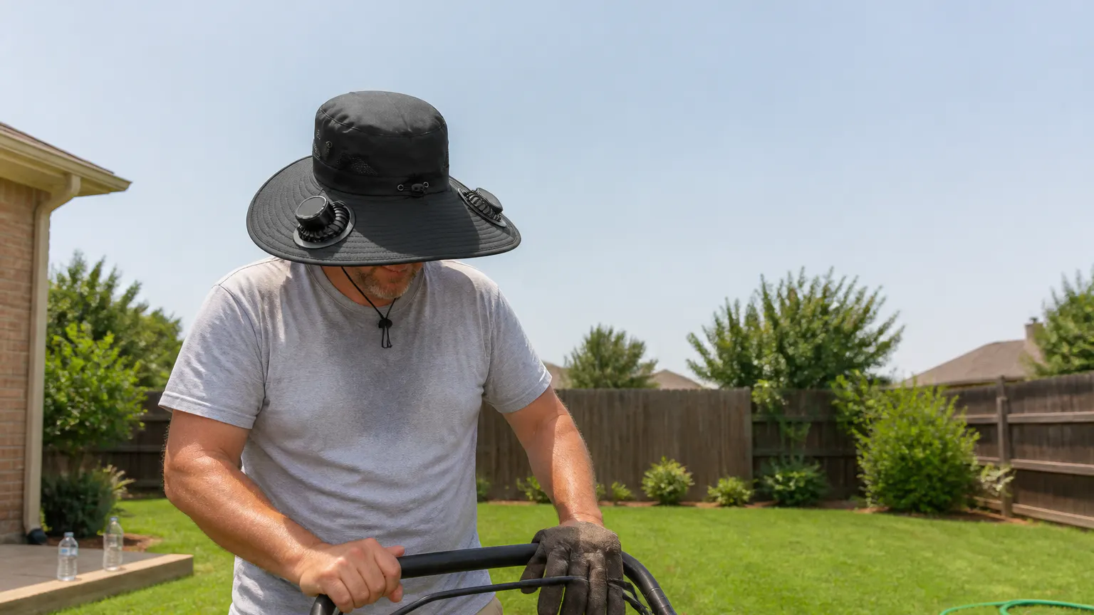 Wearer relaxed in midday sun wearing the fan sun hat