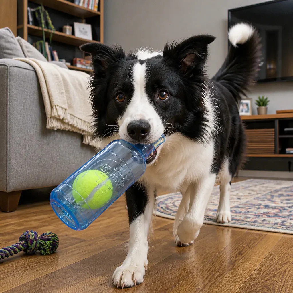 A smart dog gripping the beer-bottle toy by the neck