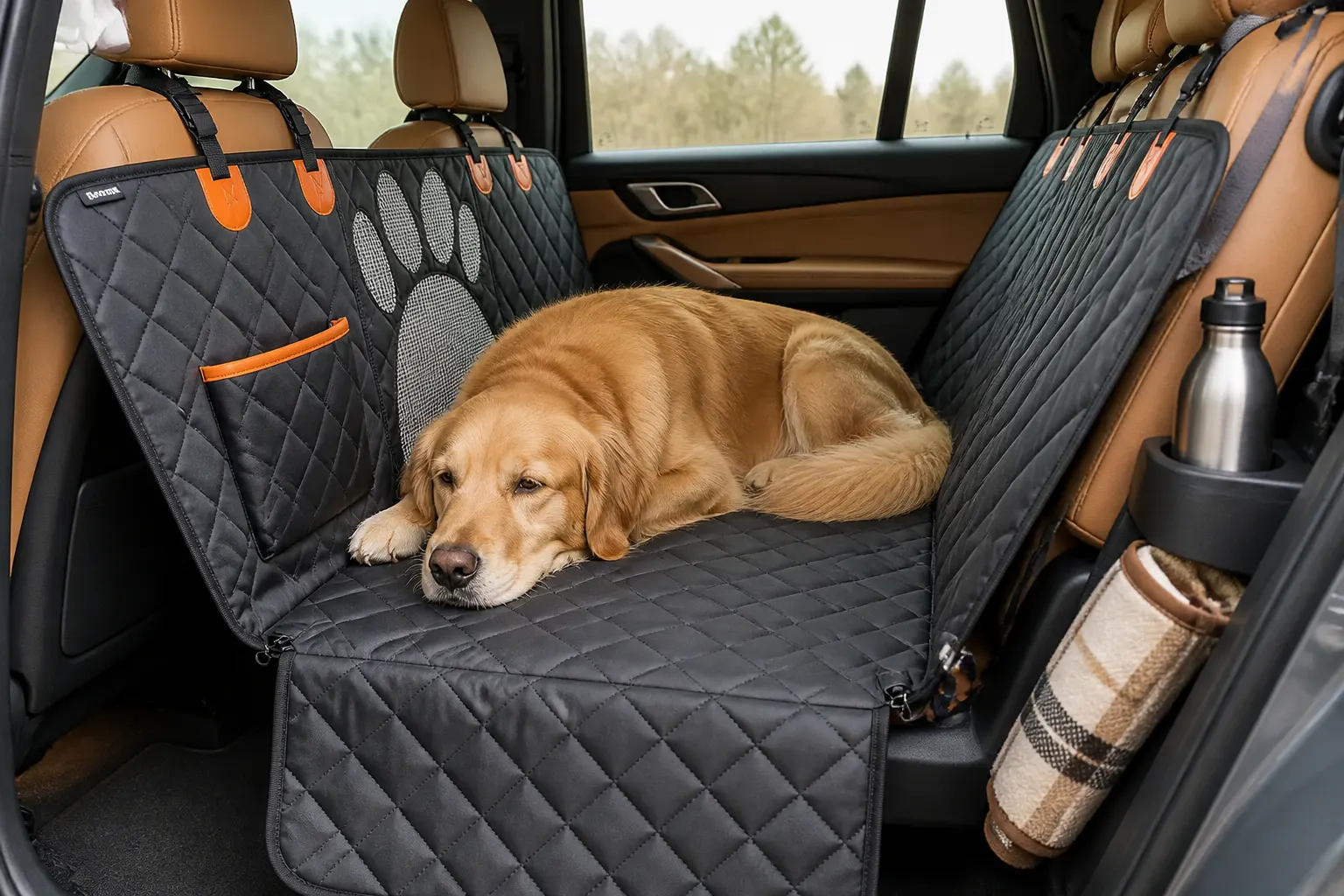 A calm dog resting on the anchored waterproof cover in a clean SUV back seat