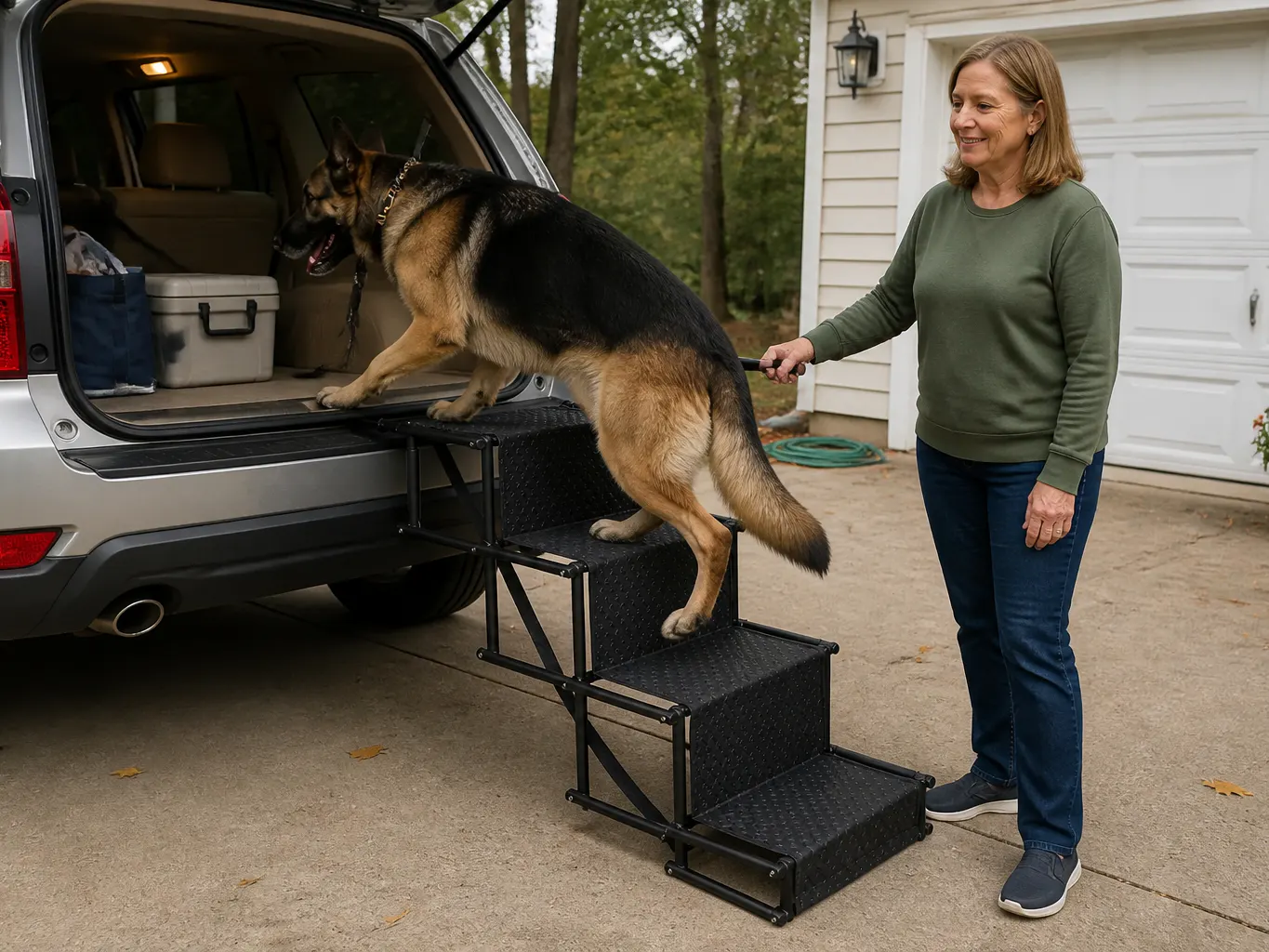 Senior dog walking up PupRamp stairs into a car