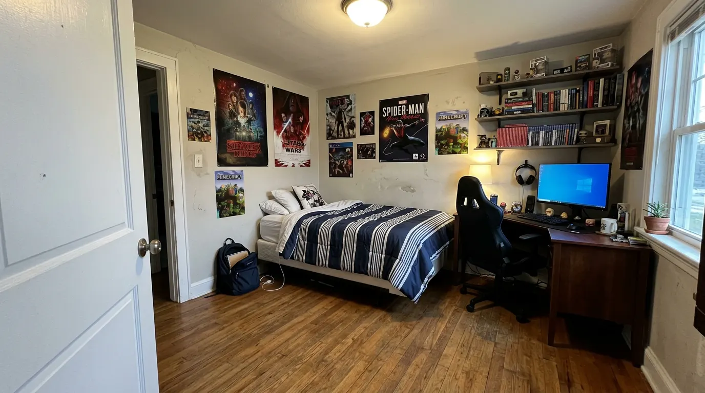 The same bedroom door from the hero, now with a clear floor and clothes in the hoop net