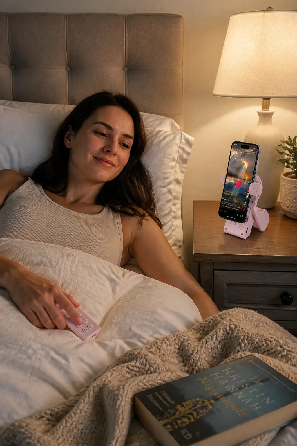 Person fully reclined, phone in the ScrollMate stand at eye height, only a pink remote in a relaxed hand
