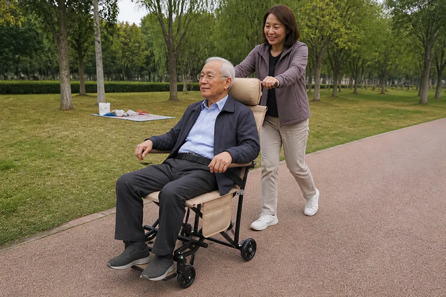 A caregiver and her father together outdoors at a lakeside gathering