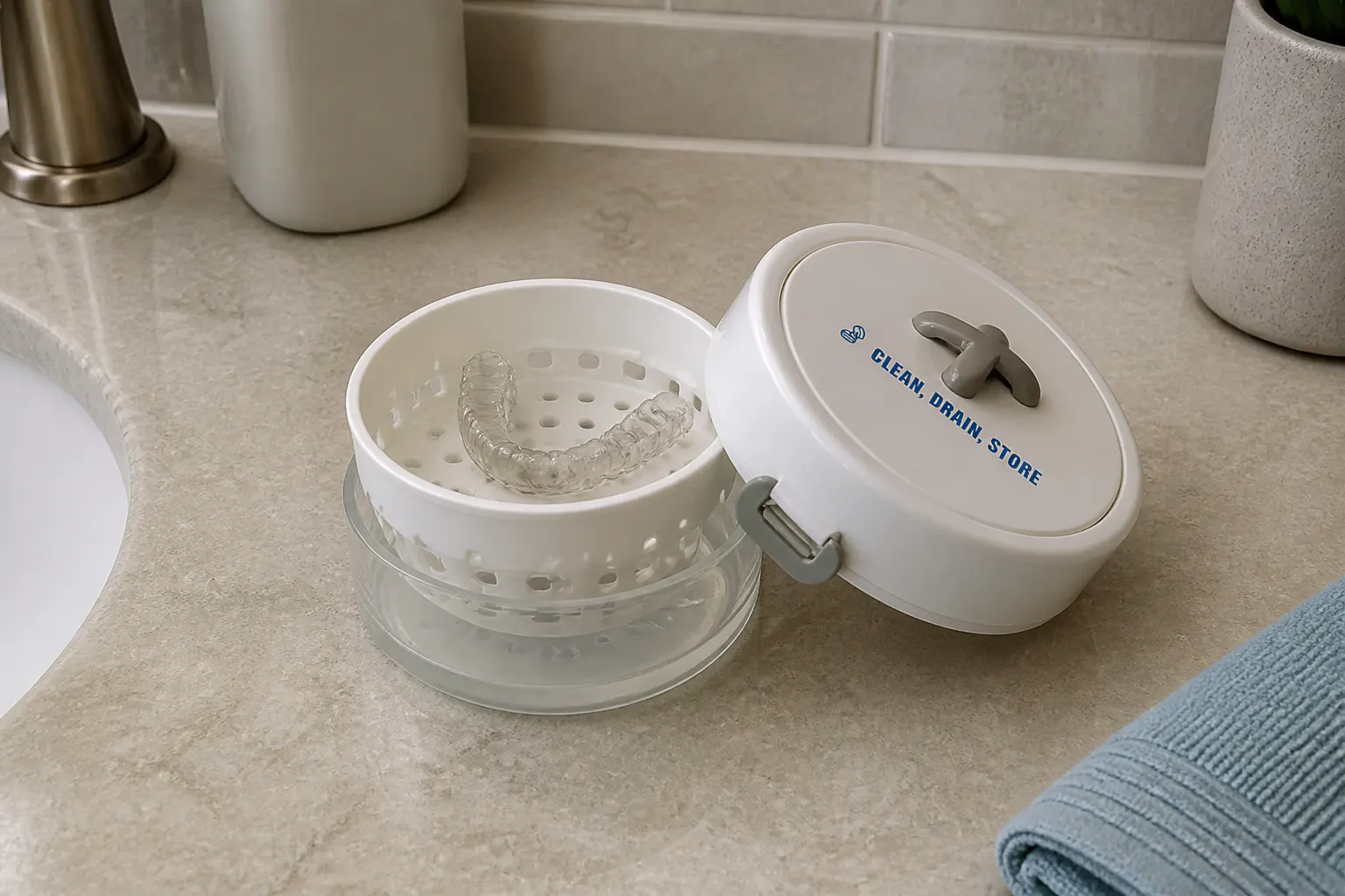 The Ventra inner basket lifting out with water draining away, leaving a dry clean retainer