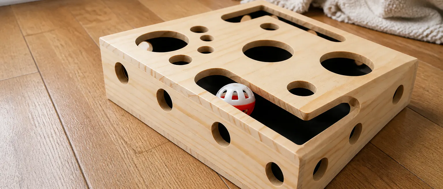 Close-up of the solid wood grain with a full-grown cat beside the nail box for scale