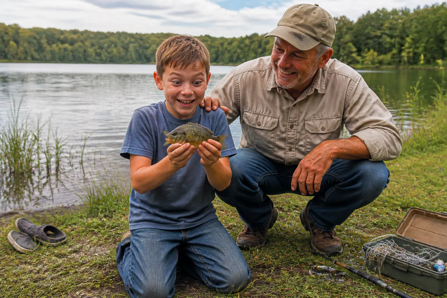 A child holding their first caught fish at the water's edge