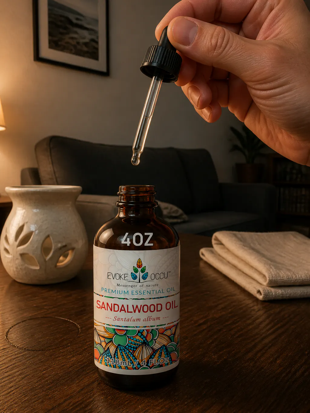 Amber sandalwood oil bottle with glass pipette and a suspended drop
