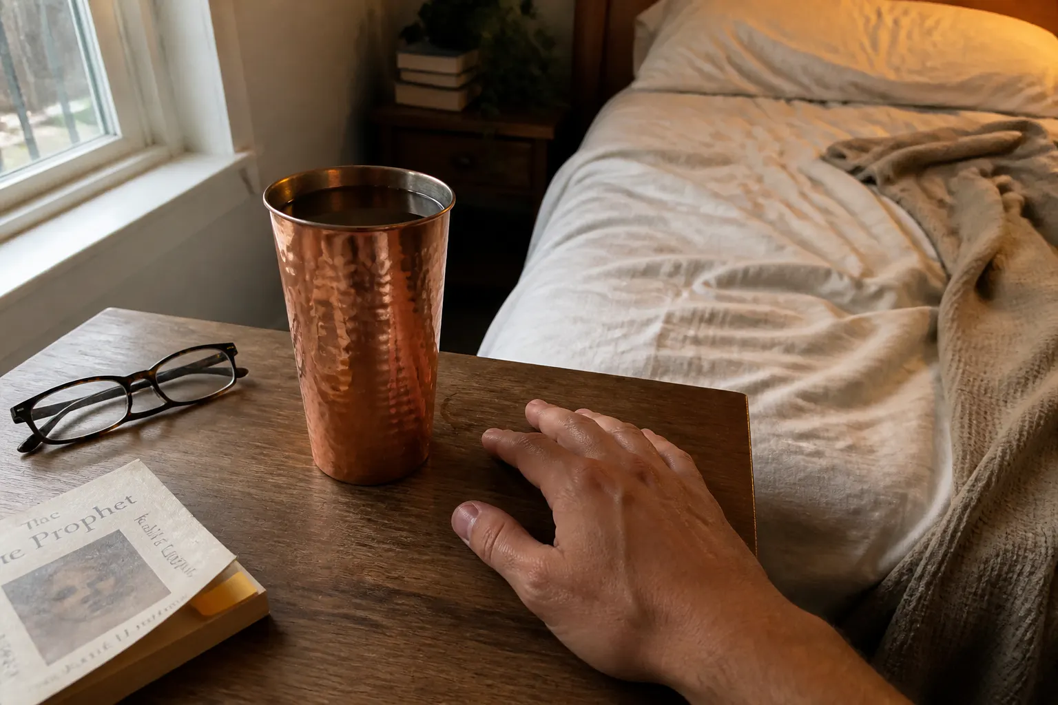 Copper cup in a warm morning home ritual scene