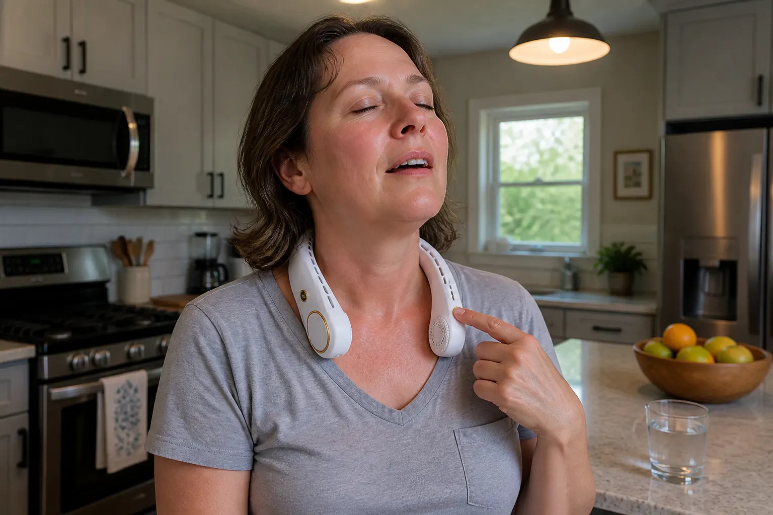 Woman getting instant relief from the neck fan during a hot flash