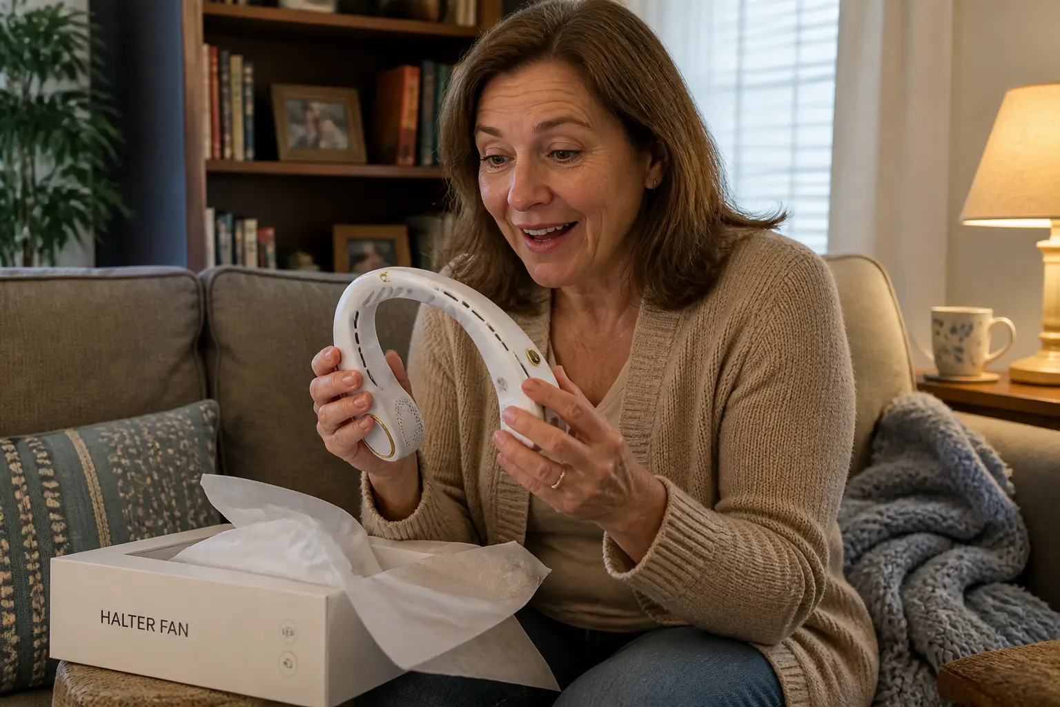 Gift moment - hot-natured parent smiling while wearing the neck fan