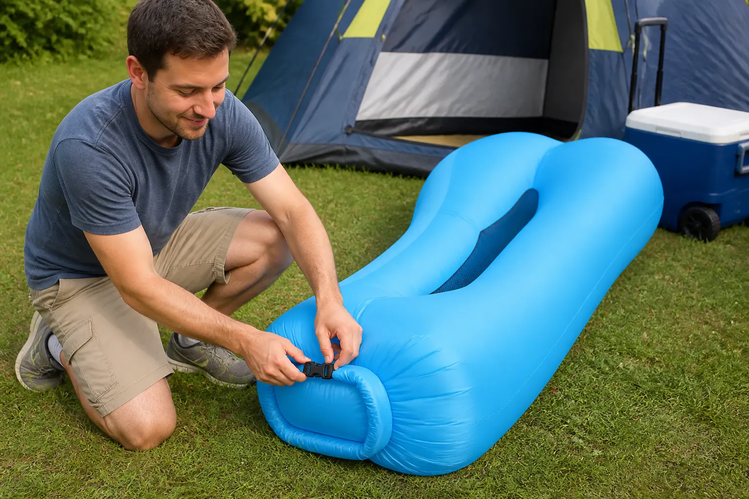 Rolling and sealing the filled lounger