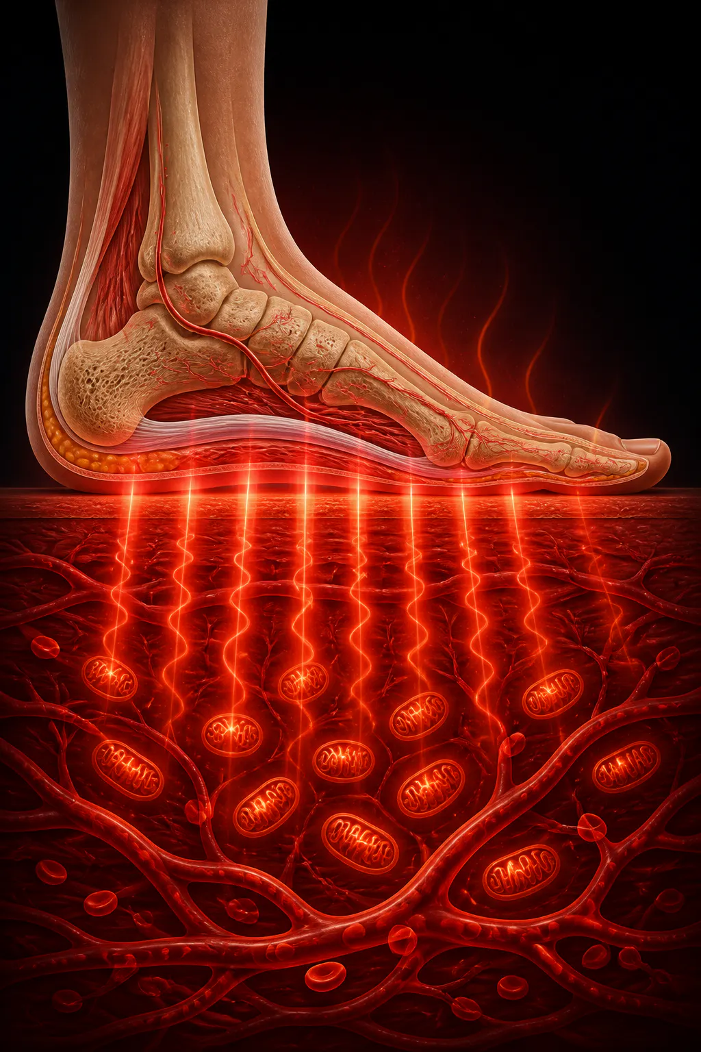 Red and near-infrared light and heat penetrating the foot