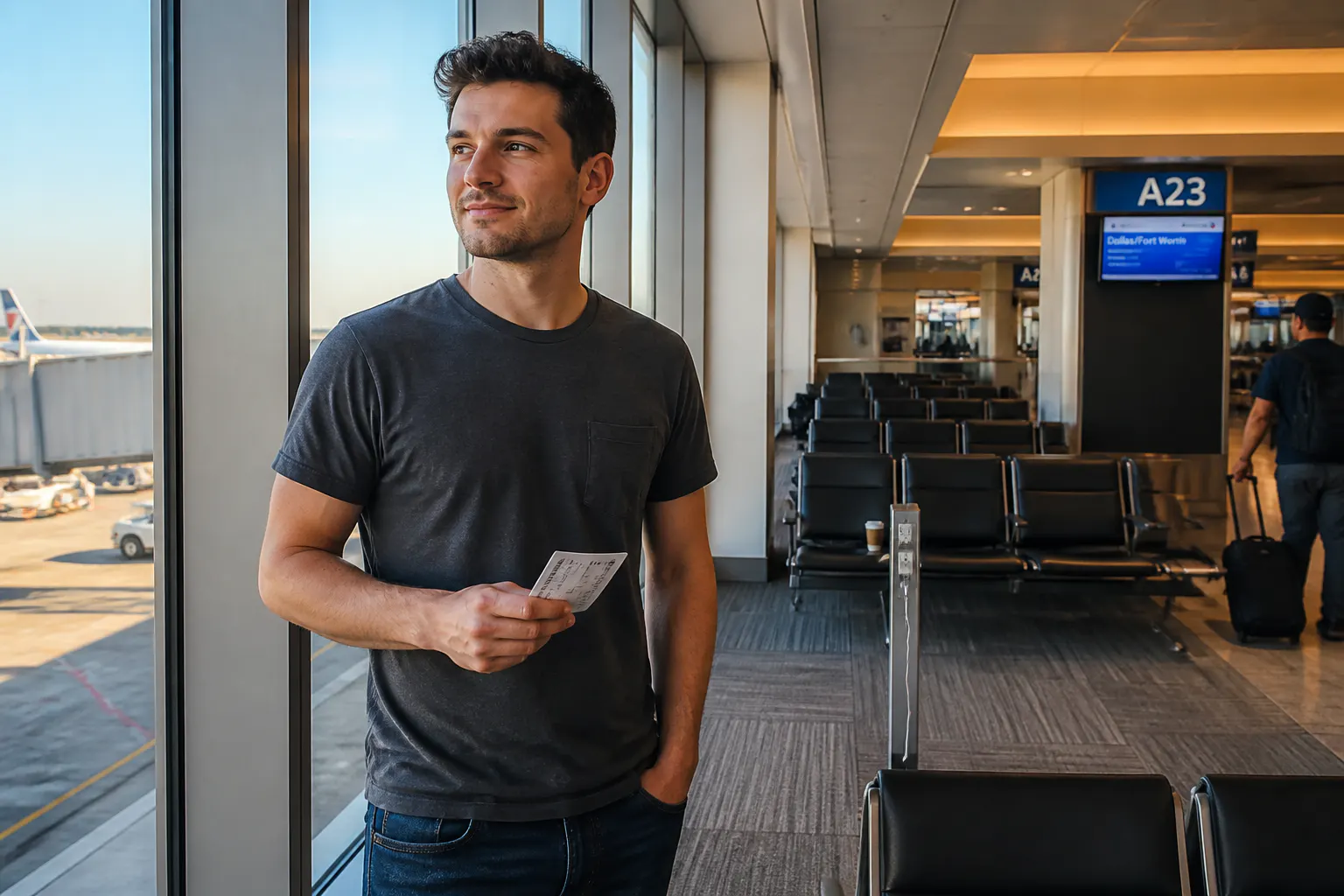 Traveler at an airport gate wearing the NomadHood hoodie