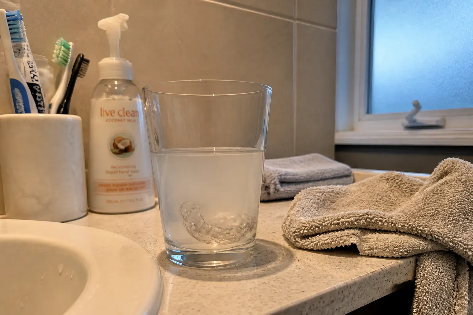 A retainer soaking in a random glass on a bathroom counter