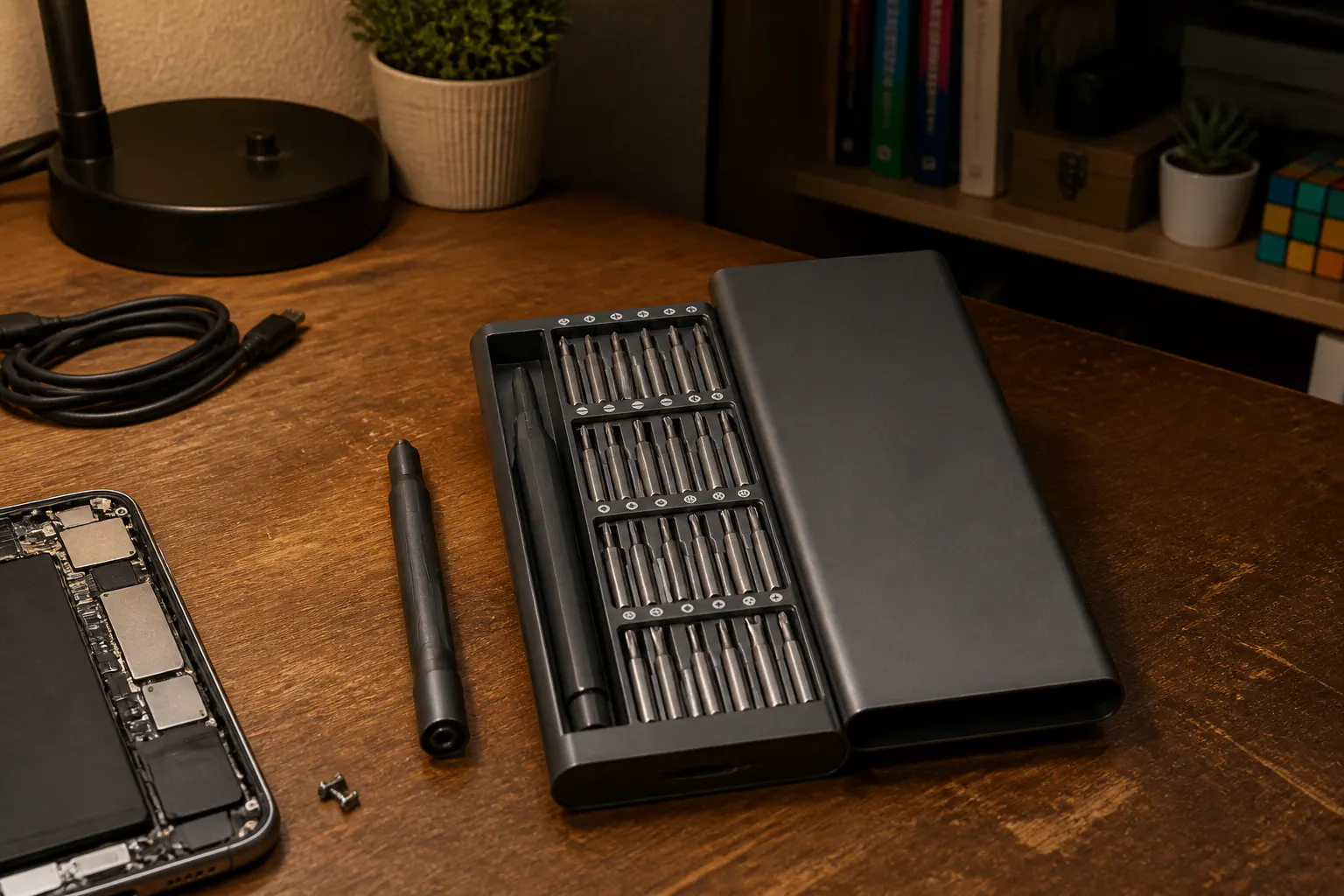 Frosted aluminum case with labeled bit slots
