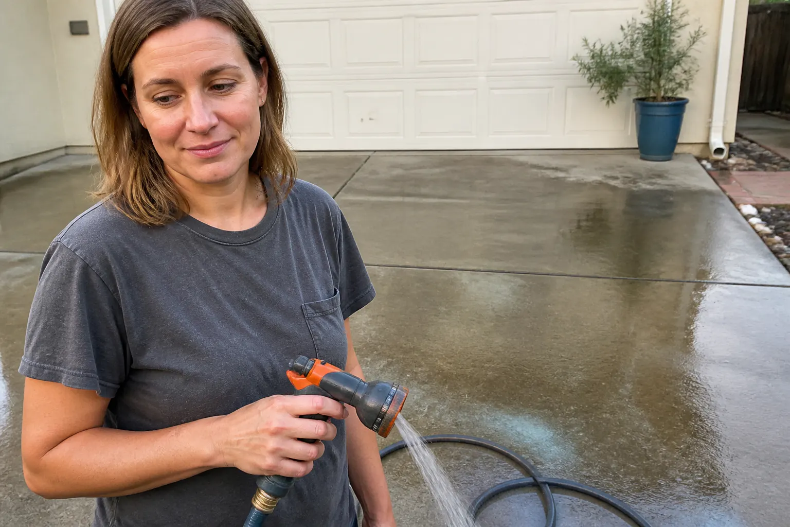 Same driveway rinsed completely clean with a garden hose