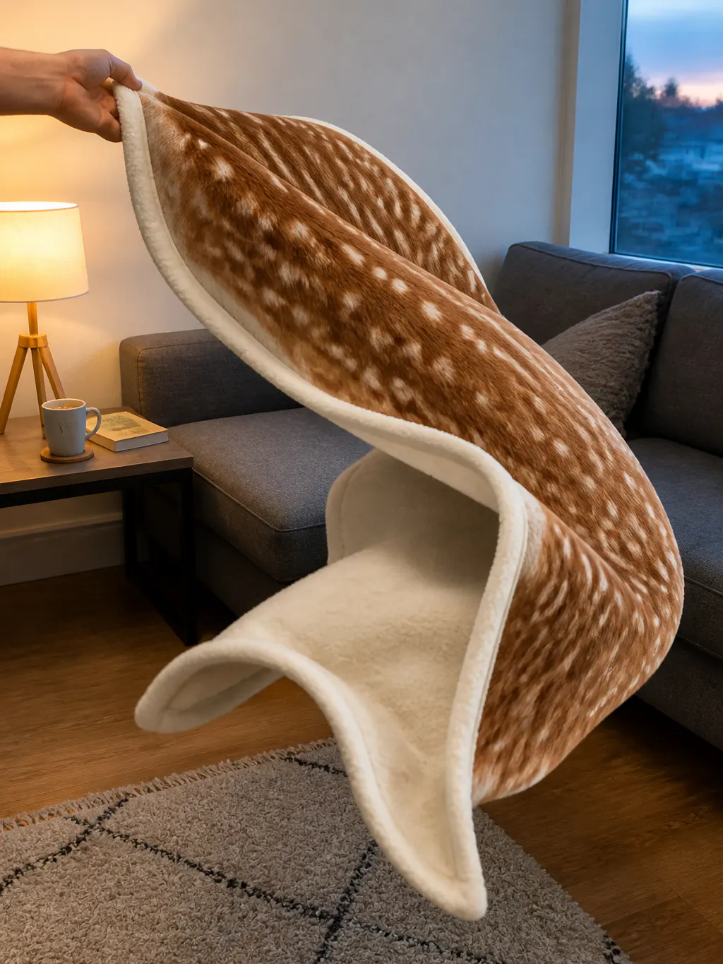 CabinThrow caught mid-flip on a lamp-lit sofa, fawn hide face turning to cream sherpa