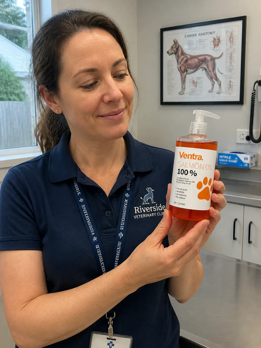 Veterinarian holding the salmon oil bottle with a dog