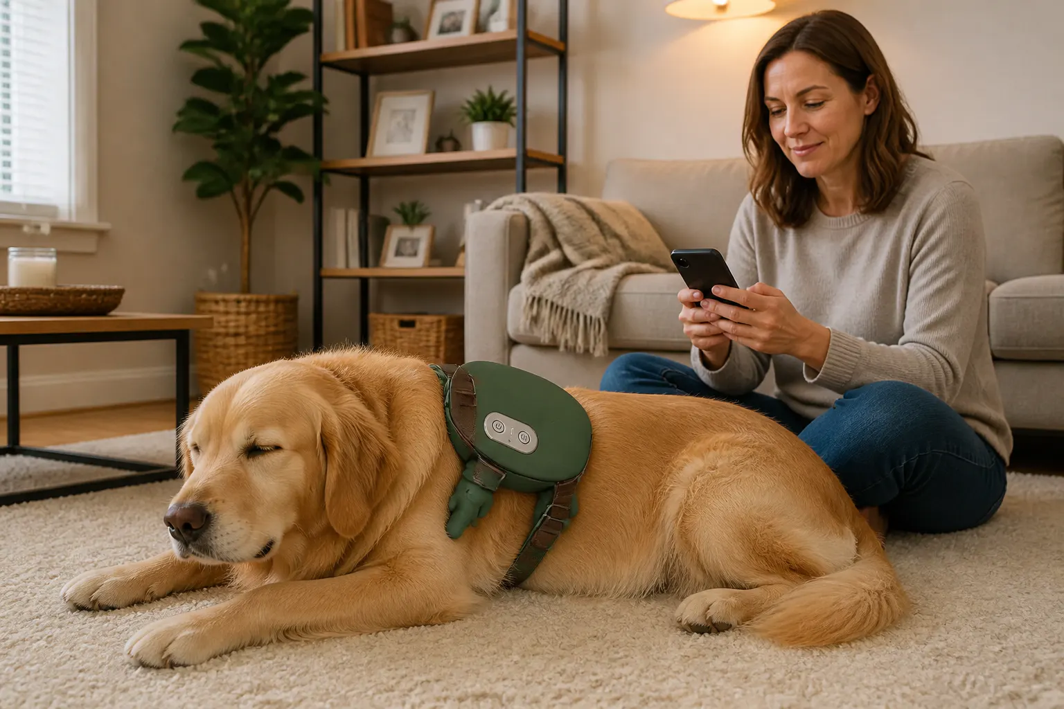 Veterinarian with a calm dog, presenting the shiatsu massager