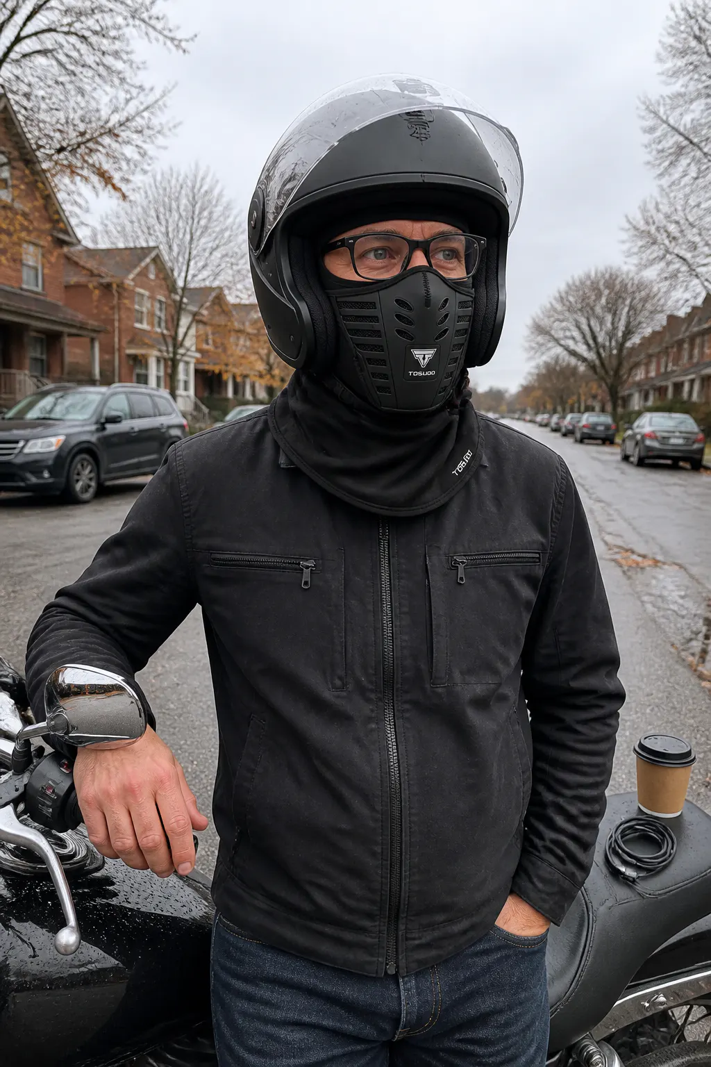 Helmeted rider wearing the Ventra vented thermal face mask with clear glasses