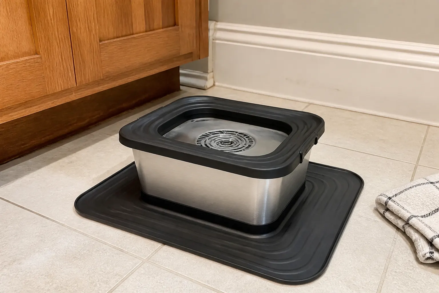 Dog drinking cleanly from the floating plate
